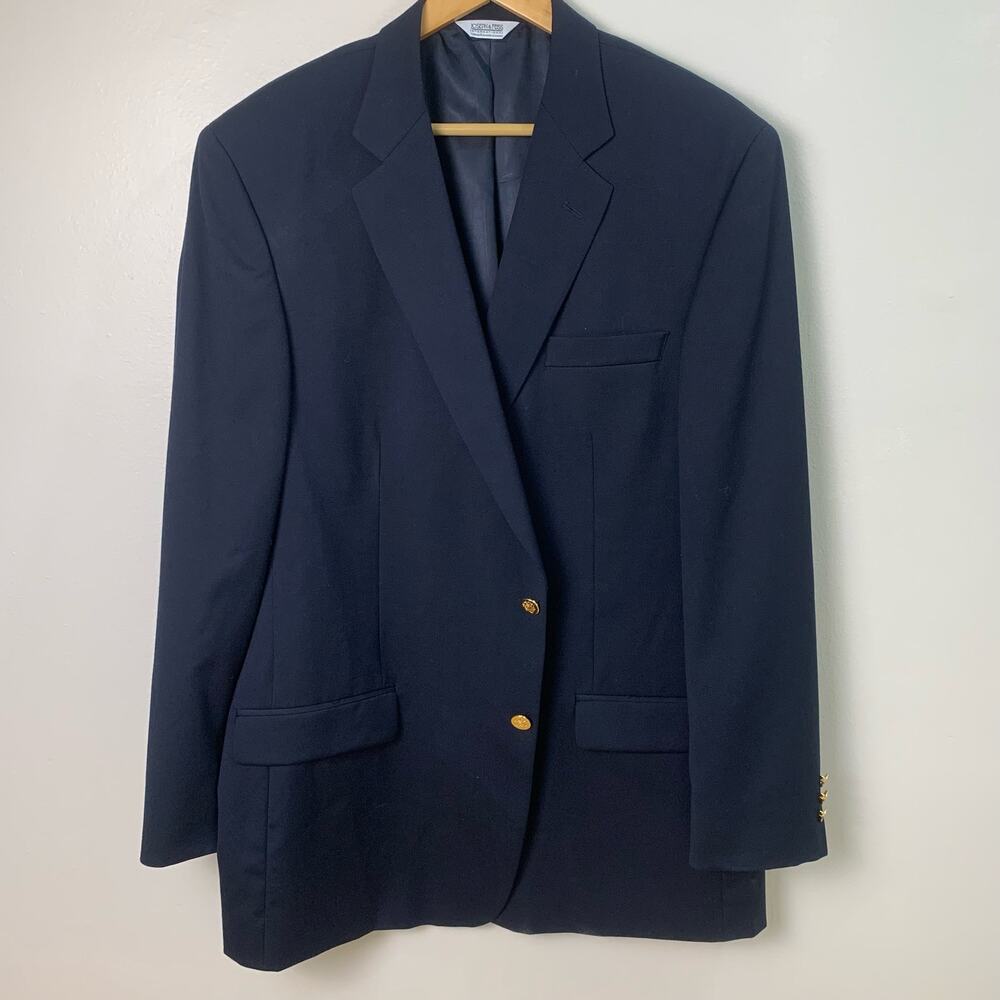 Joseph & Feiss 46 Tall Mens Wool Gold Button Sport Coat Blazer Jacket Navy Blue - Picture 3 of 12